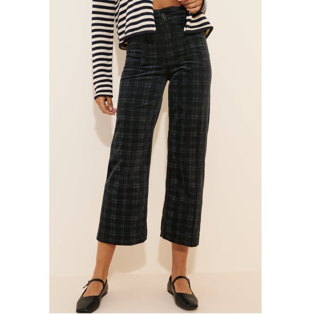 Anthropologie Maeve The Colette Cropped Wide Leg Corduroy Plaid Pants Black 27